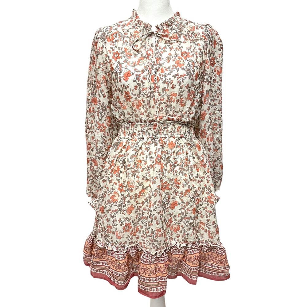 Blu Pepper Floral Mini Dress Women Small Orange Boho Smocked Ruffle NWT